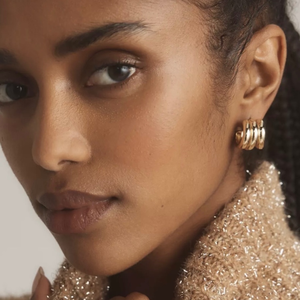 NEW Anthropologie Triple Hoop Huggie Gold Earrings